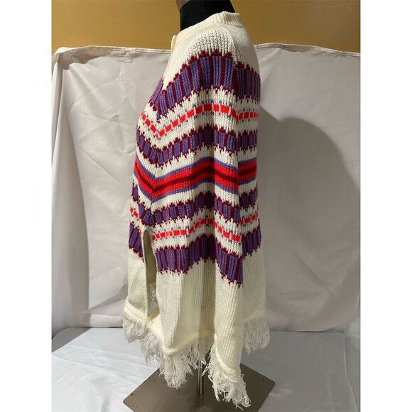 Vintage Hand Knit Chevron Fringe Poncho Multicolor One Size Women - Picture 3 of 4